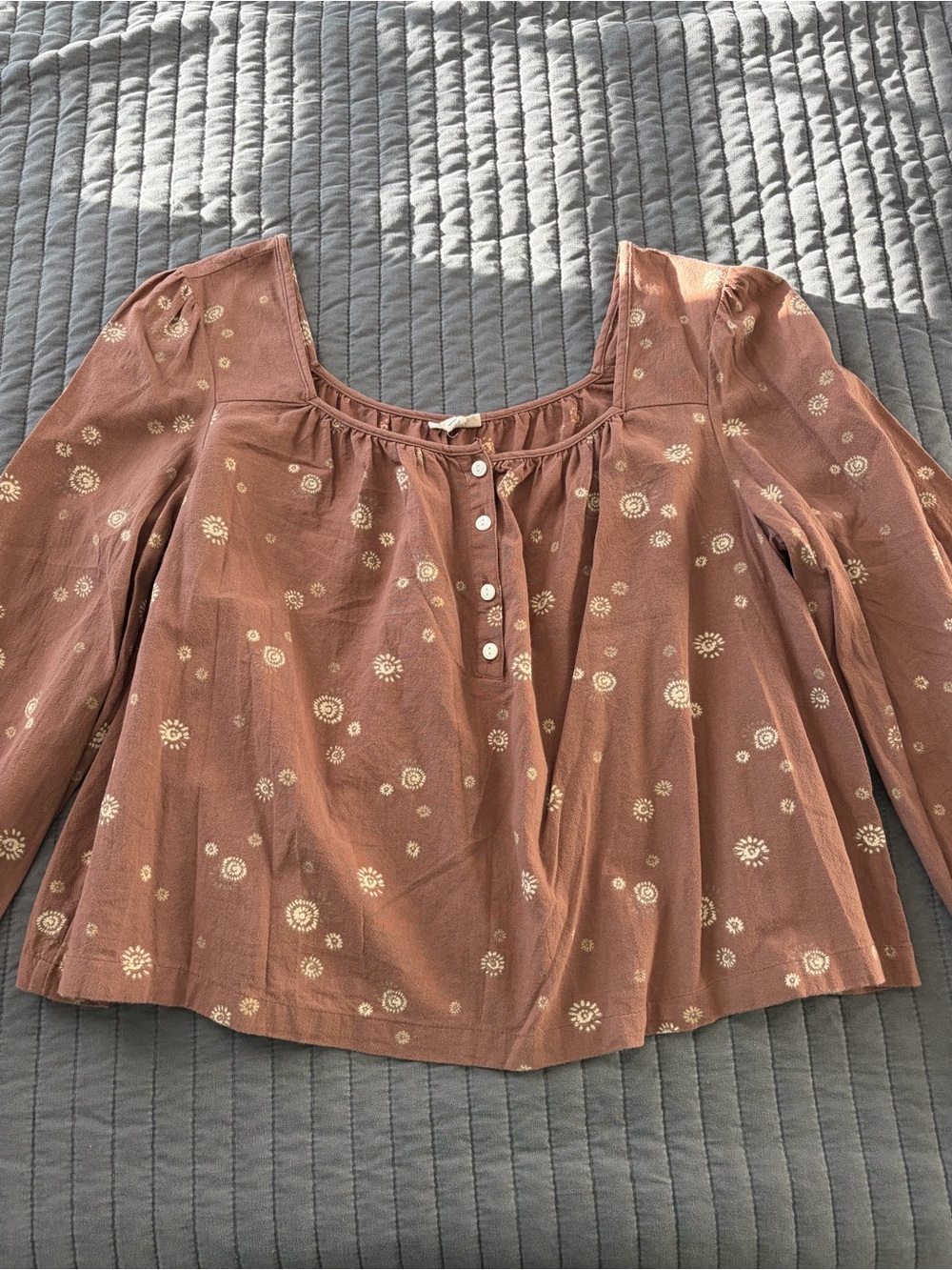 a.n.a Rust Boho Sunburst Print Square-Neck Balloon Sleeve Cotton Blouse Size L - Picture 5 of 11